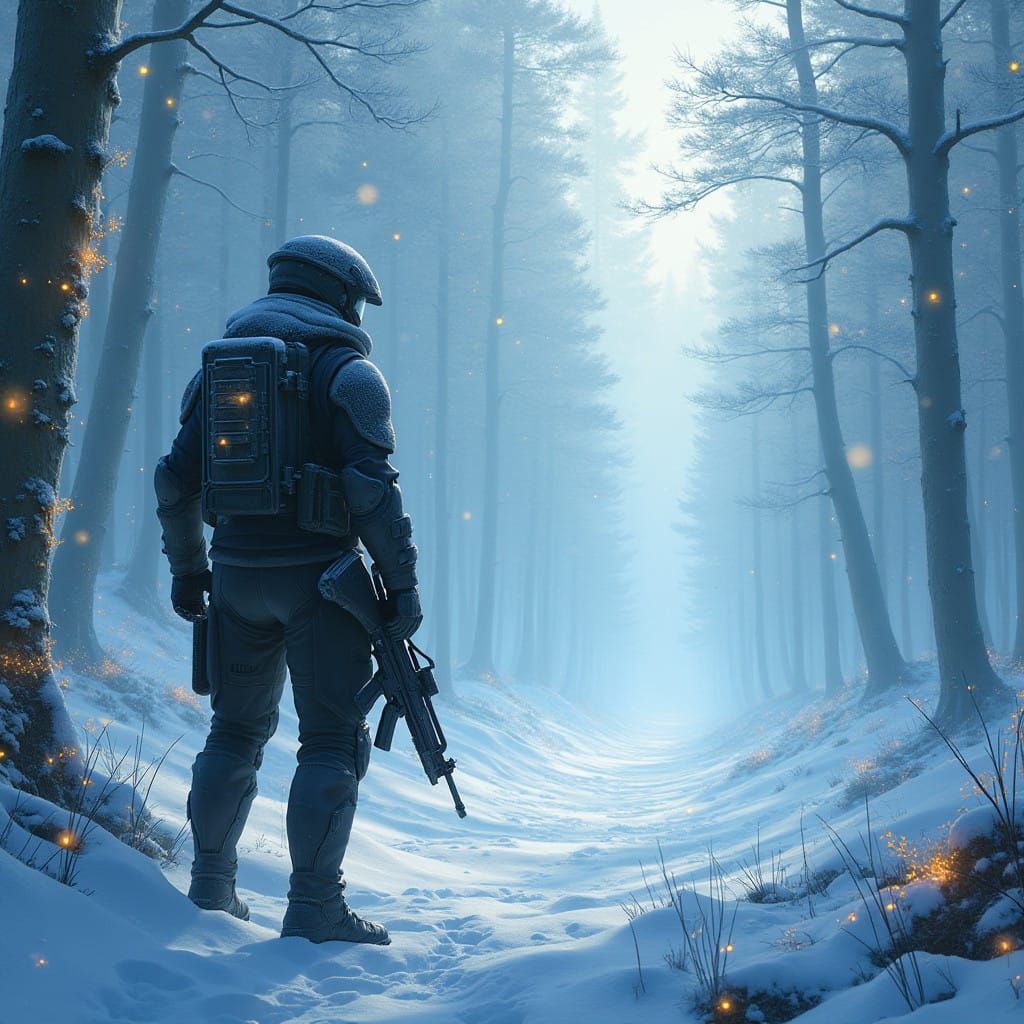 Vigilant Warrior in Futuristic Snowy Landscape