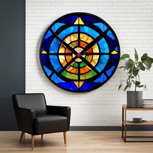 Modern Clock in Old Room with Stained Glass
