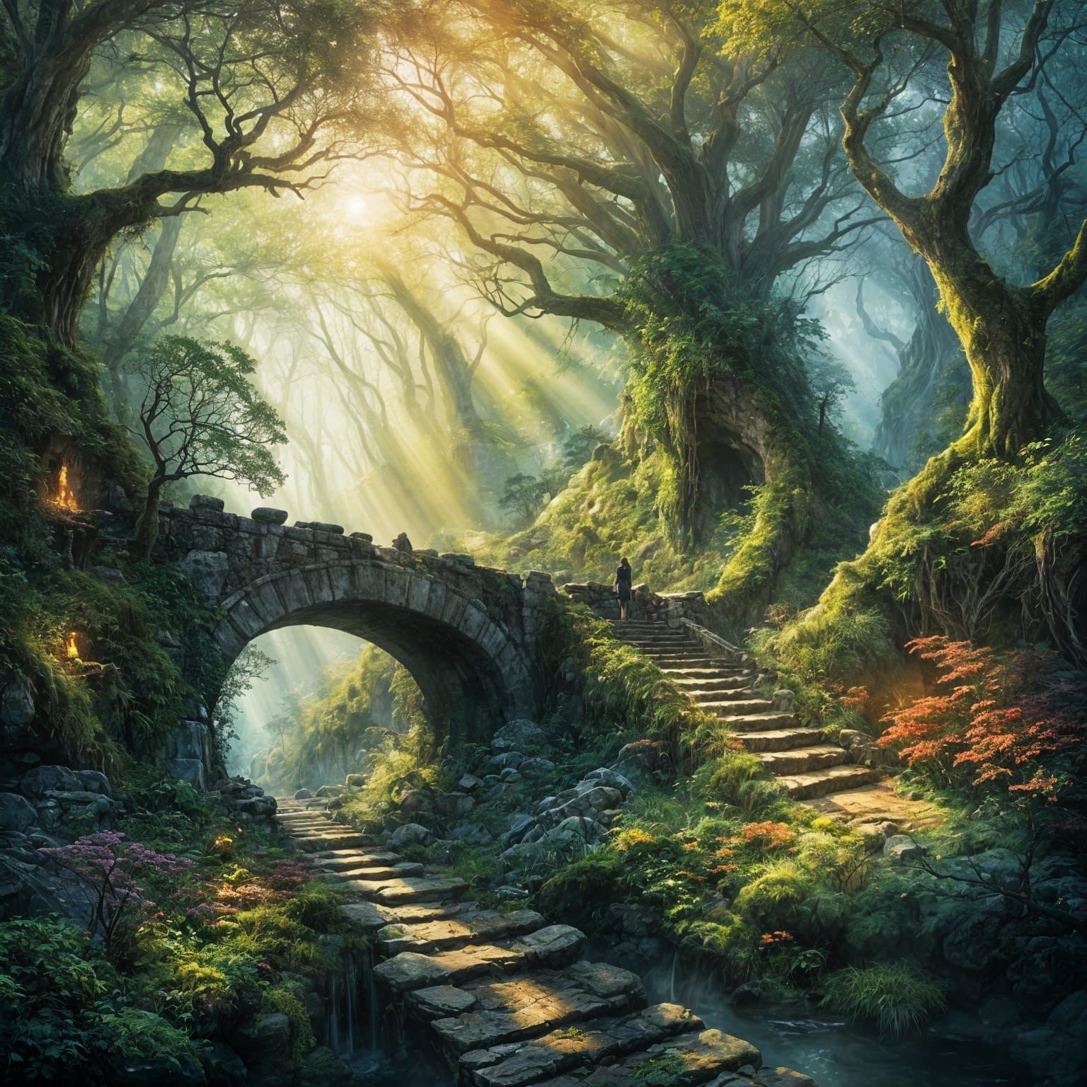 Epic Fantasy Stone Bridge in Lush Chasm