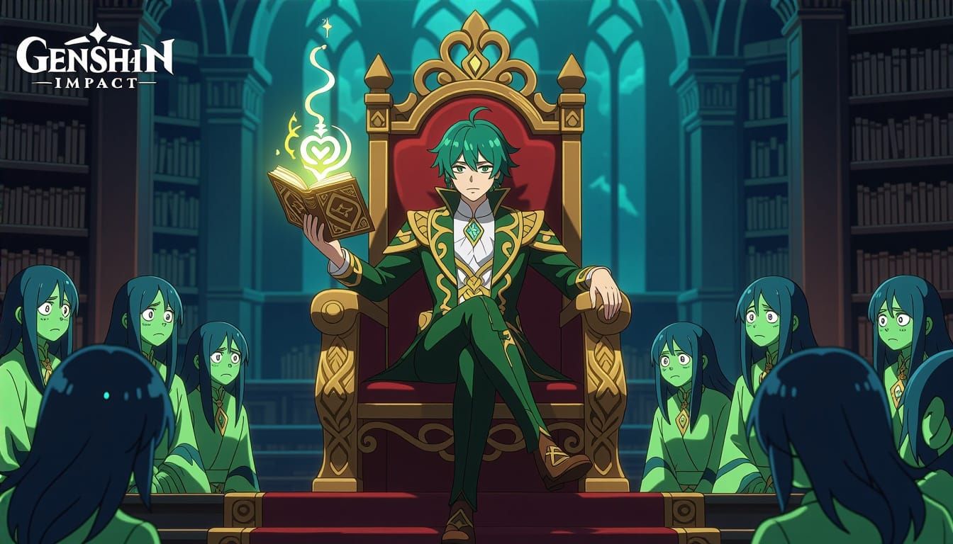 Alhaitham on Ornate Throne in Sumeru Library