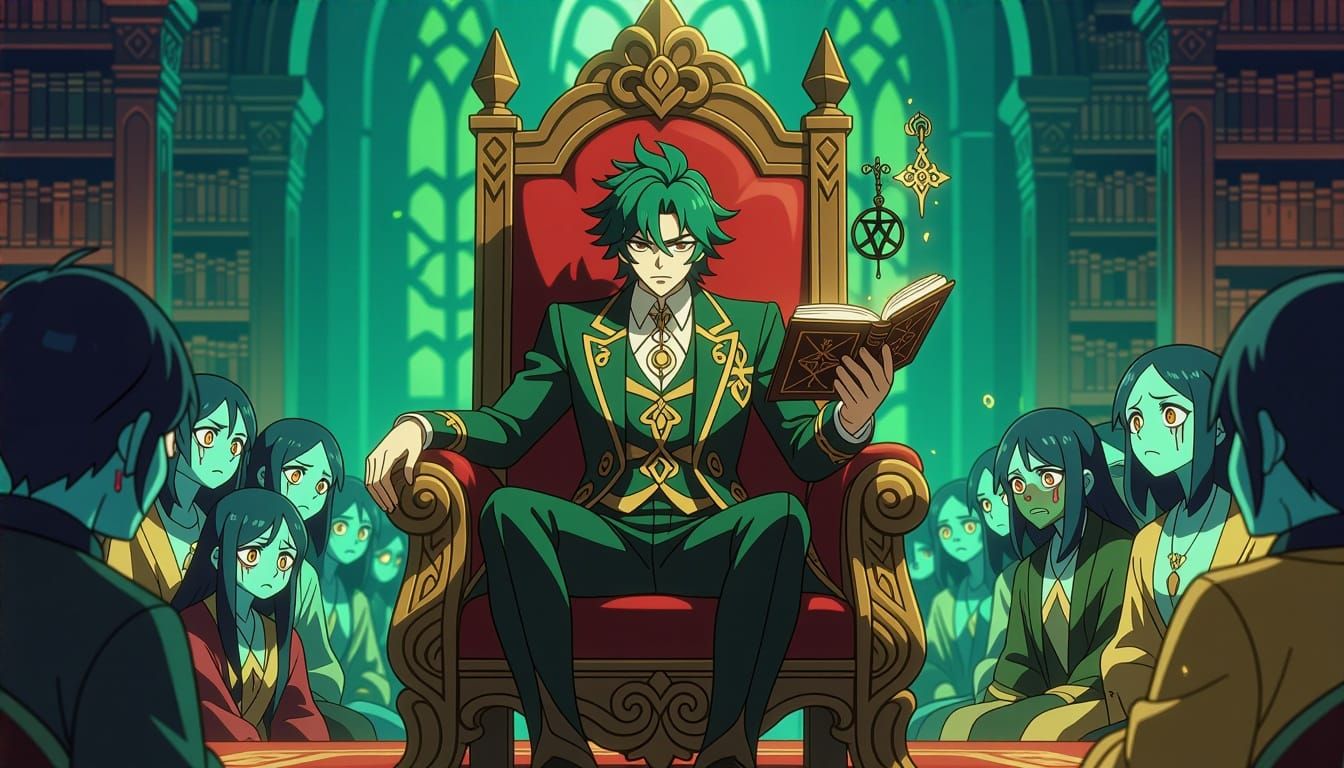 Genshin Character in Dark Library with Sinister Symbol