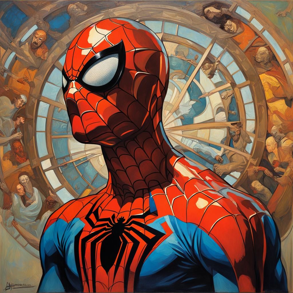 Spiderman head and torso in a modernist Alphonse Mucha painting