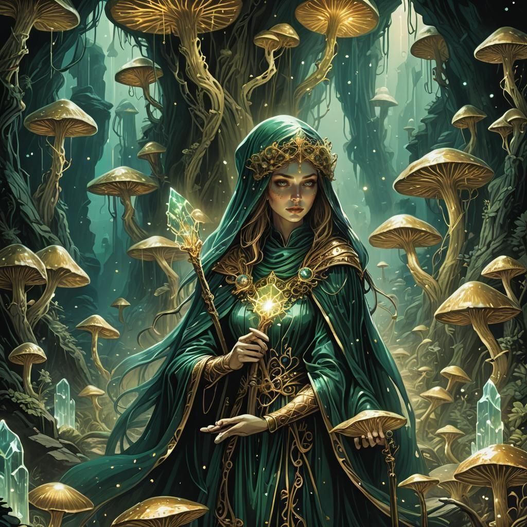 Magic Maiden in Cavern with Crystal Staff