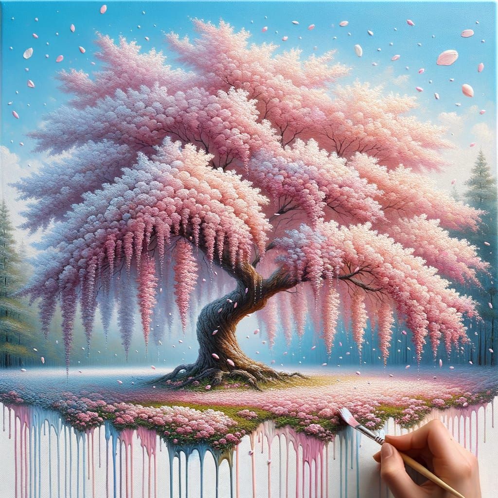 Cherry Blossom Landscape in Oil with Dribbling Paint