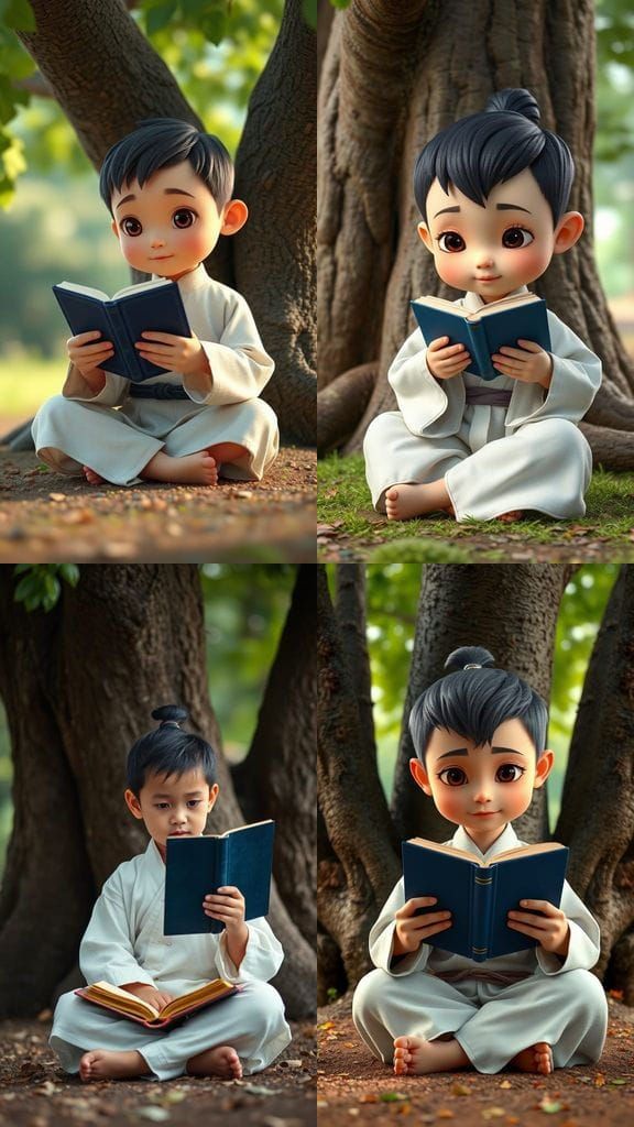 Pixar Style Boy Reading Under Tree in 3D
