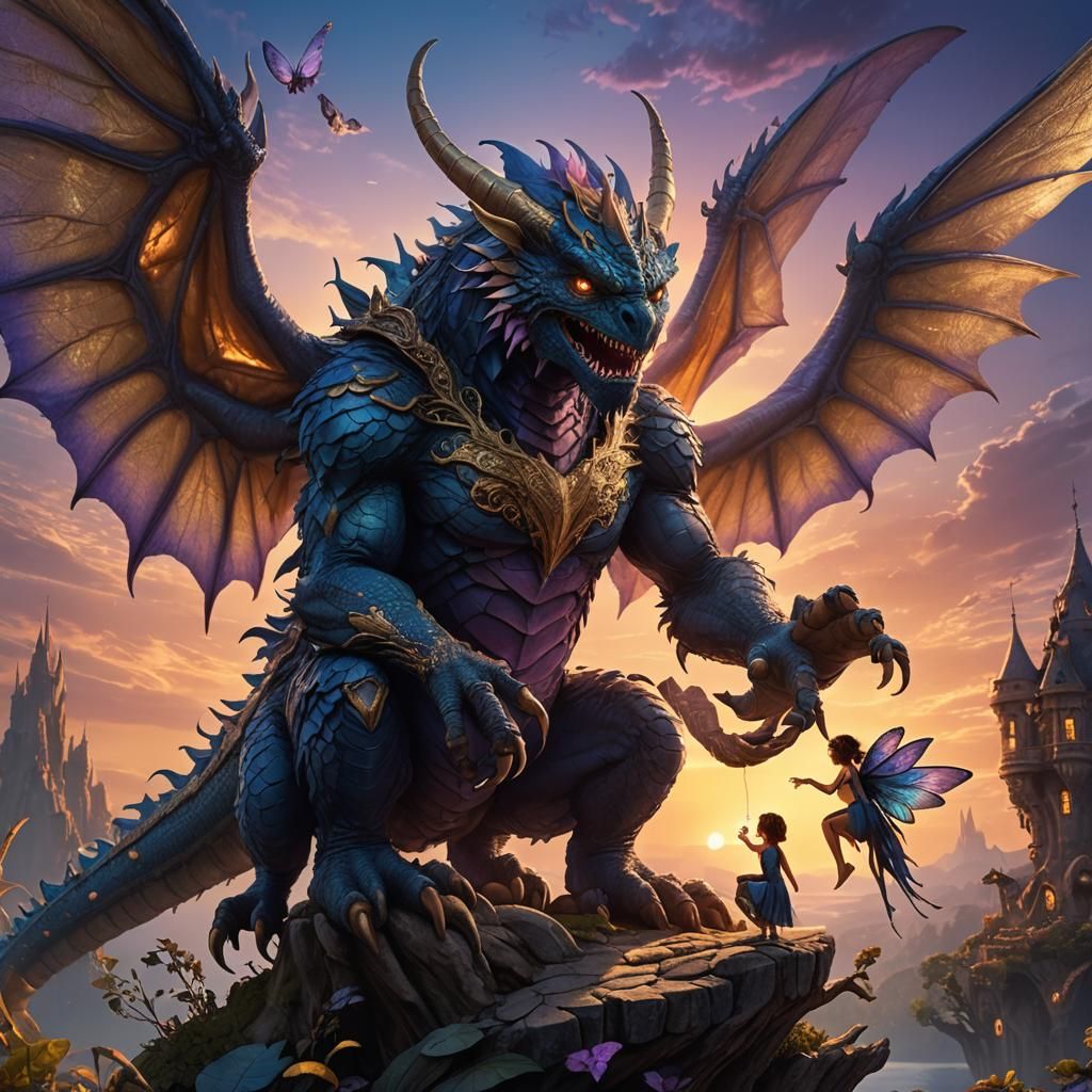 Monster and Fairy at Sunset: Fantasy Art