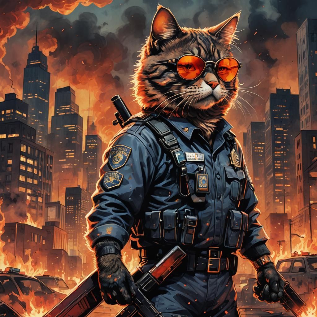Gritty Comic Book Cat Cop in Burning City