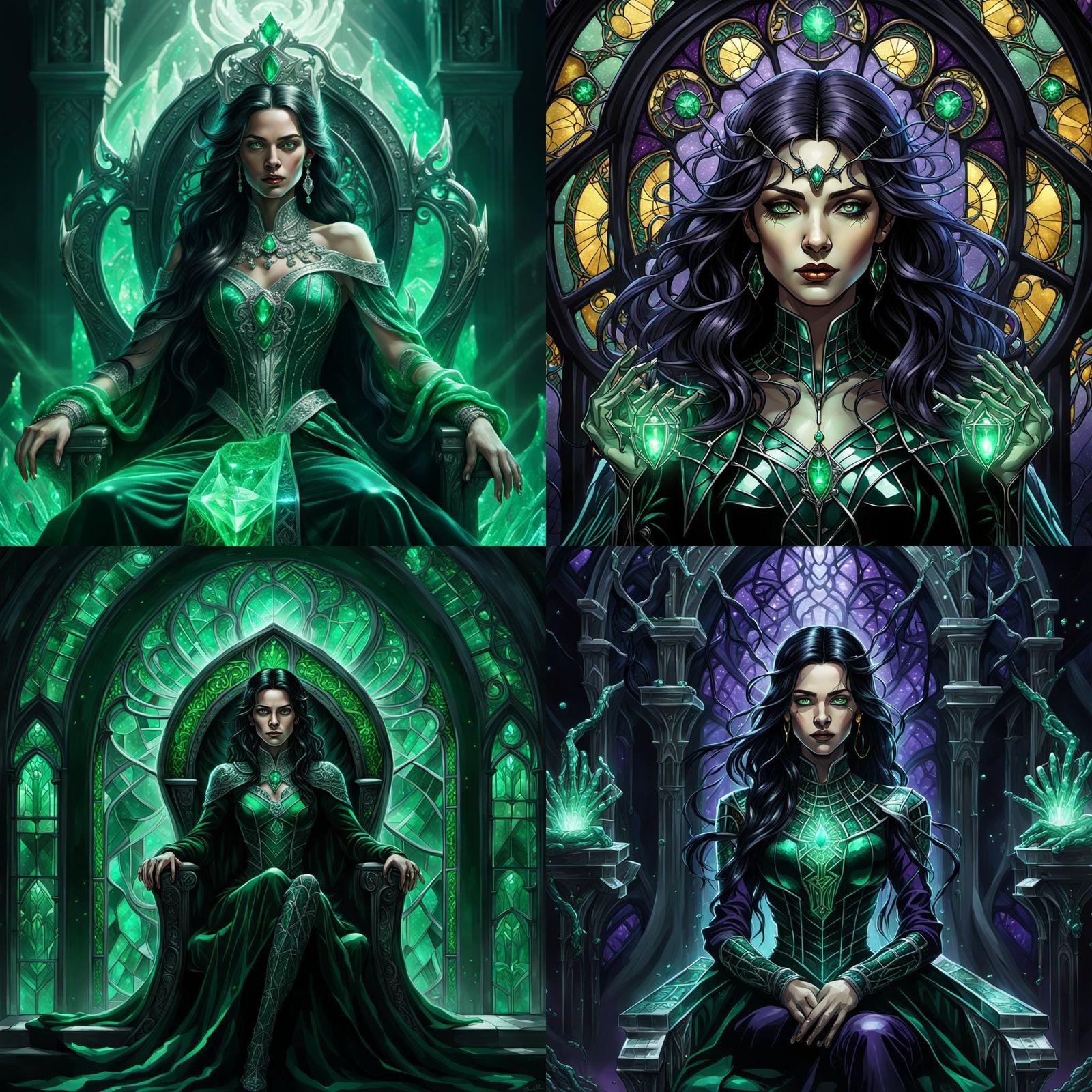 Dark Haired Sorceress Seated on Throne Amidst Black Widow Sp...