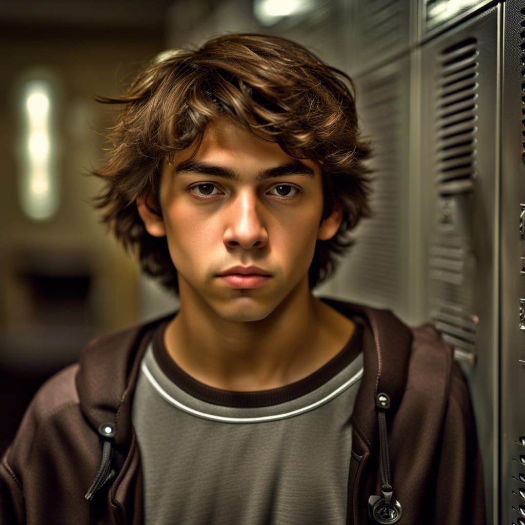 Hyperrealistic Portrait of a Teenage Boy in Locker Room