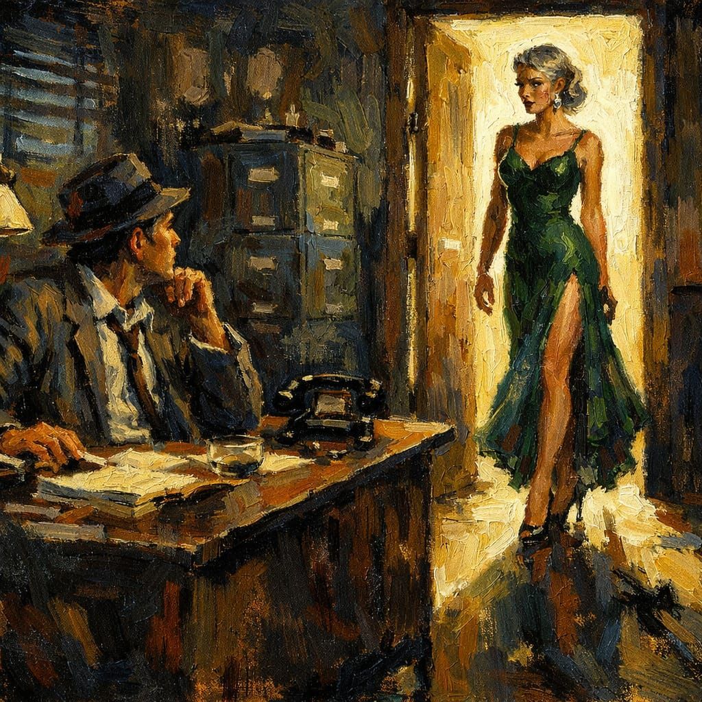 Film Noir Detective Meets Elegant Woman in Impressionist Pai...