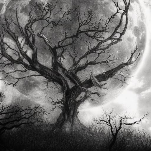 Hearts Under Moon: Detailed Charcoal Drawing