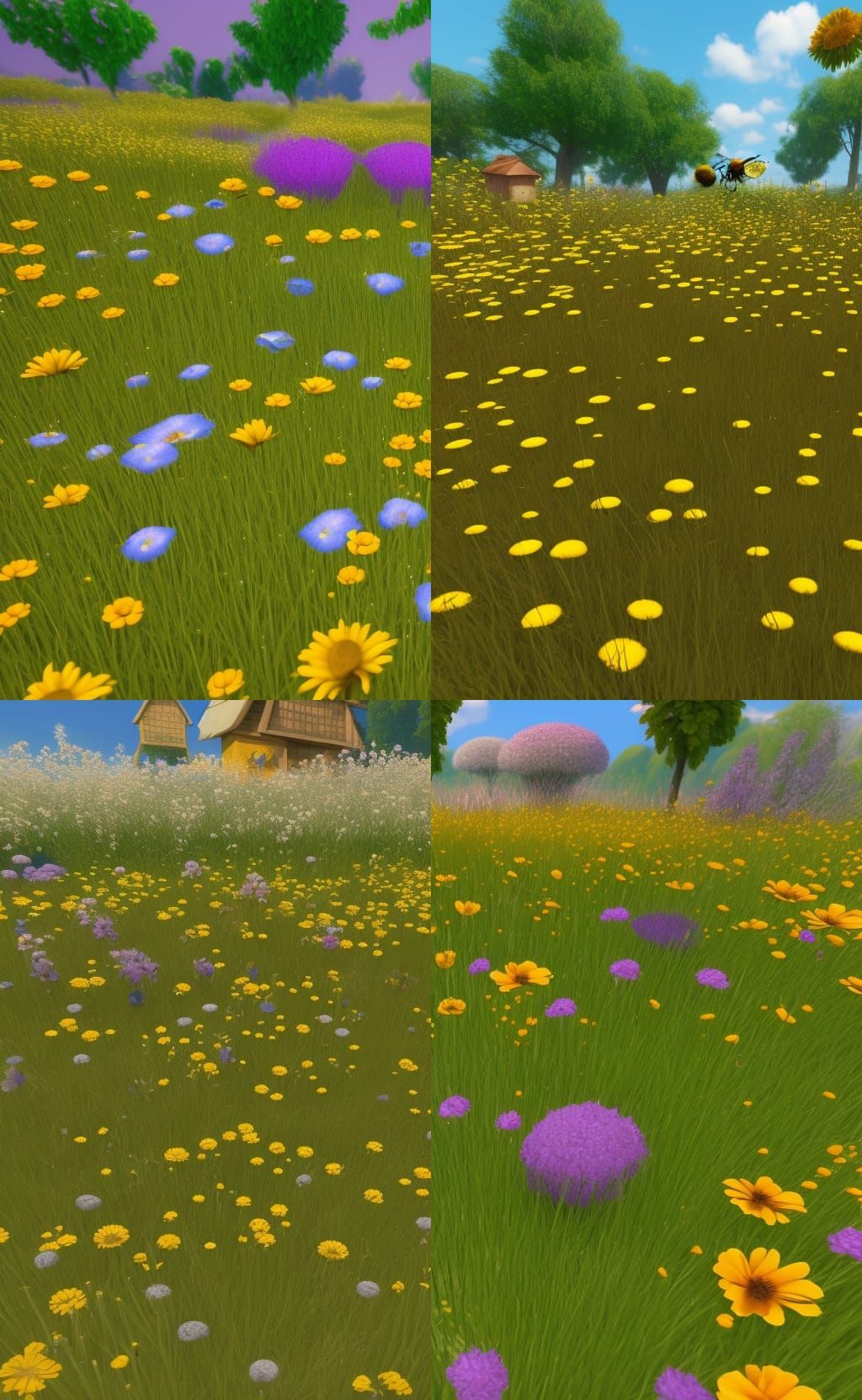 Lush Flower Meadow with Bee, 3D Rendered