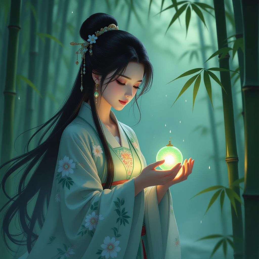 Woman in Hanfu in Misty Bamboo Forest