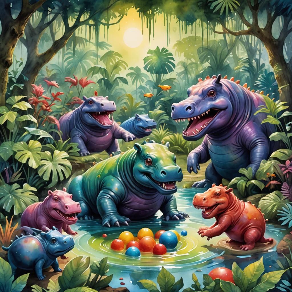 Alien Plays Hungry Hippos: Watercolor Illustration