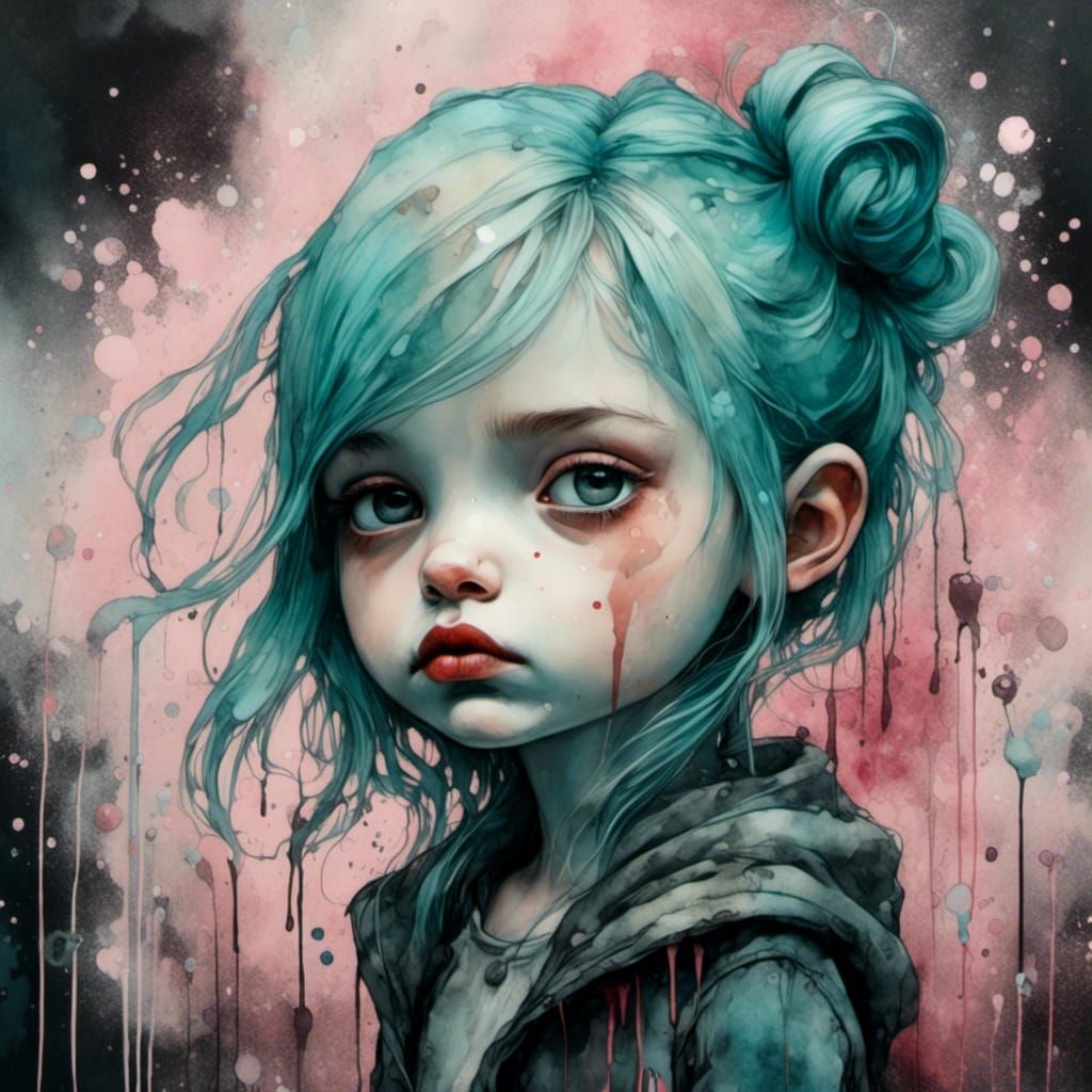 Pouty Grunge Punk Girl in Spray Paint Watercolor