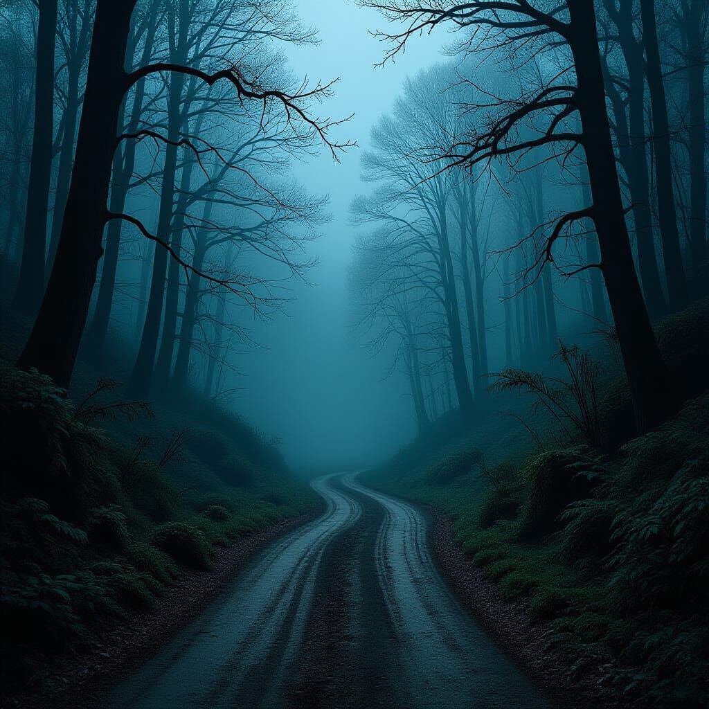 Eerie Road Disappears Into Misty Dark Forest