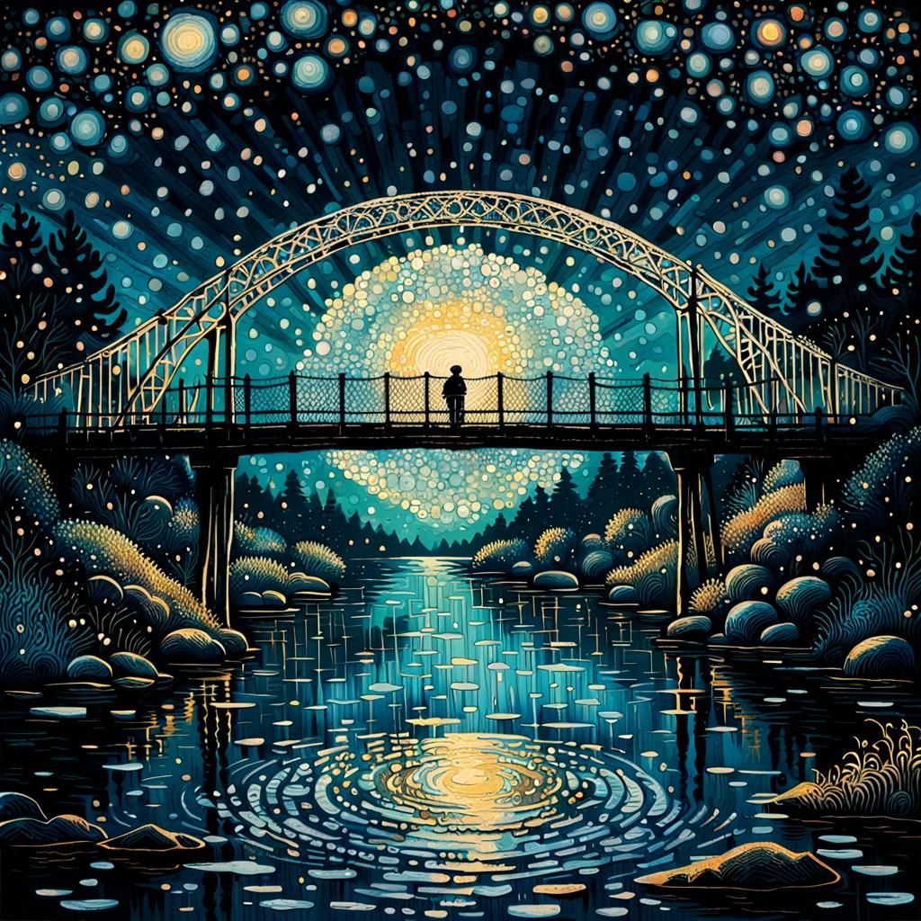Platinum Bridge Dreamscape: Radiating Bokeh Art