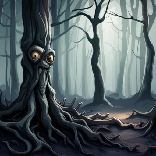 Spooky Bone Tree Forest With Eyes in Darkness