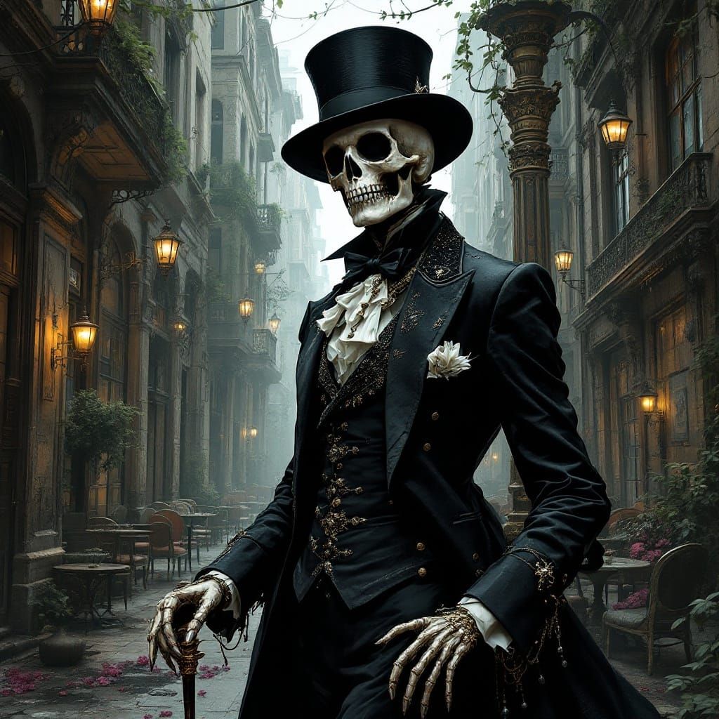 Elegant Skeletal Lady in Steampunk Alley, Dark Fantasy Reali...