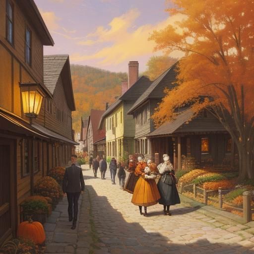 Autumn Village Scene with Pumpkins, Folk-Art Digital Paintin...