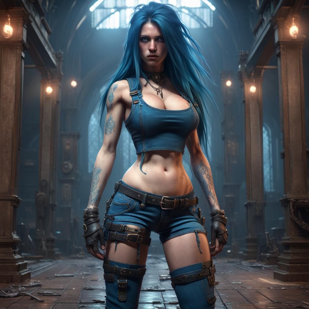 Blue Emo Girl in Skinhead Outfit: Dark Fantasy Art