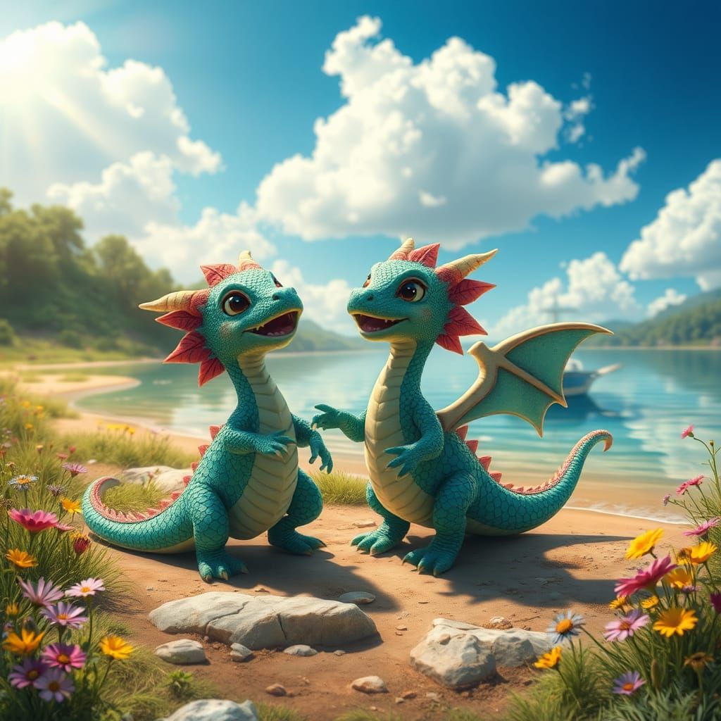 Dancing Dragons by Lake: A Whimsical Scene