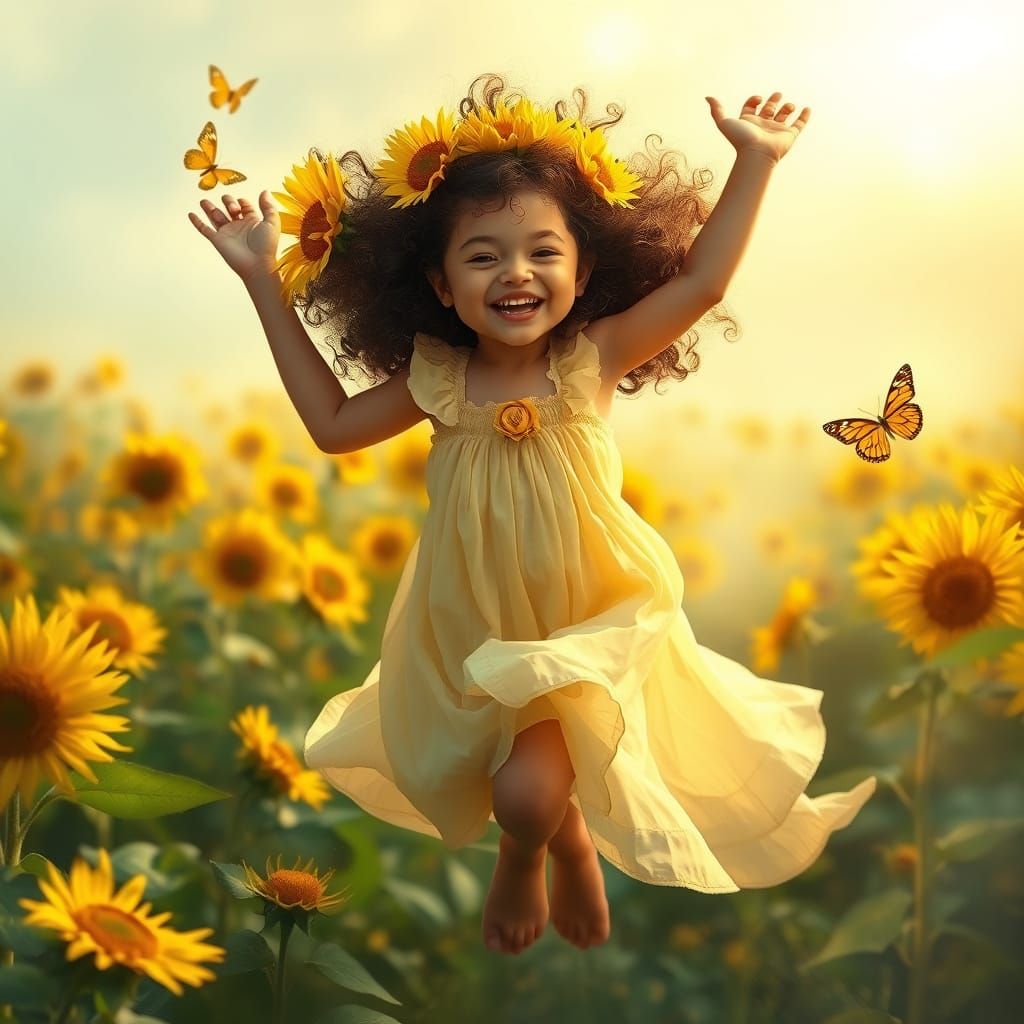 Girl in Sunflower Field with Golden Light and Butterflies