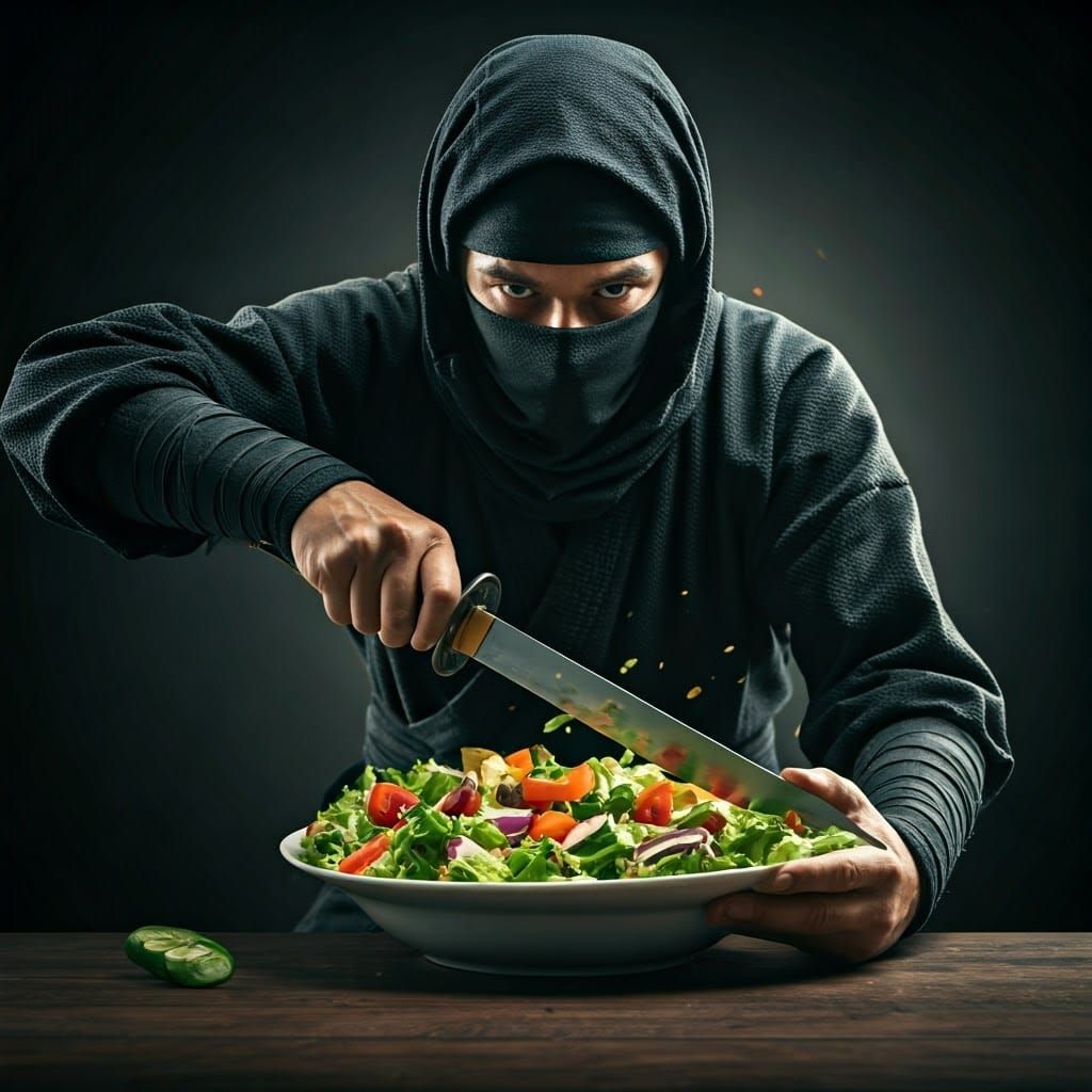Ninja Chef Creates Salad with Sword: Cinematic Photo