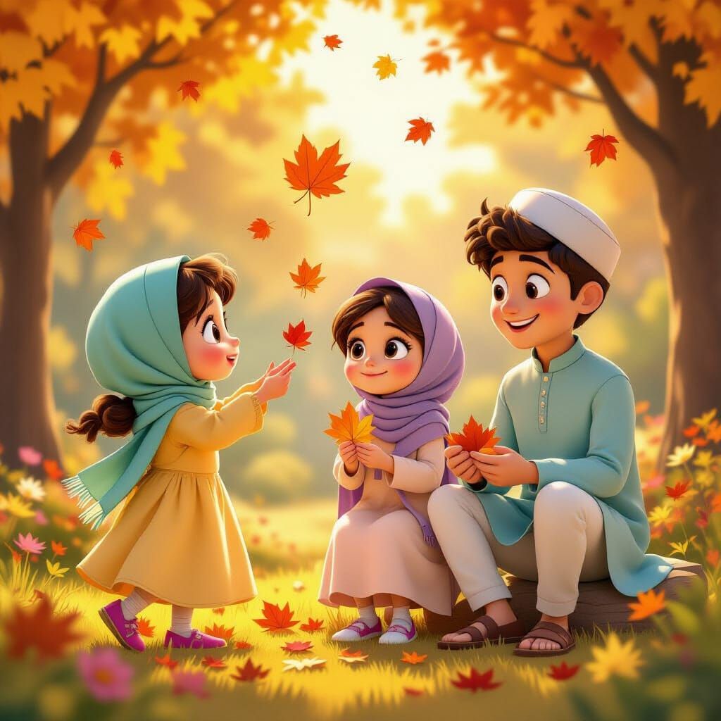 Pixar-Disney Style Autumn Scene With Family