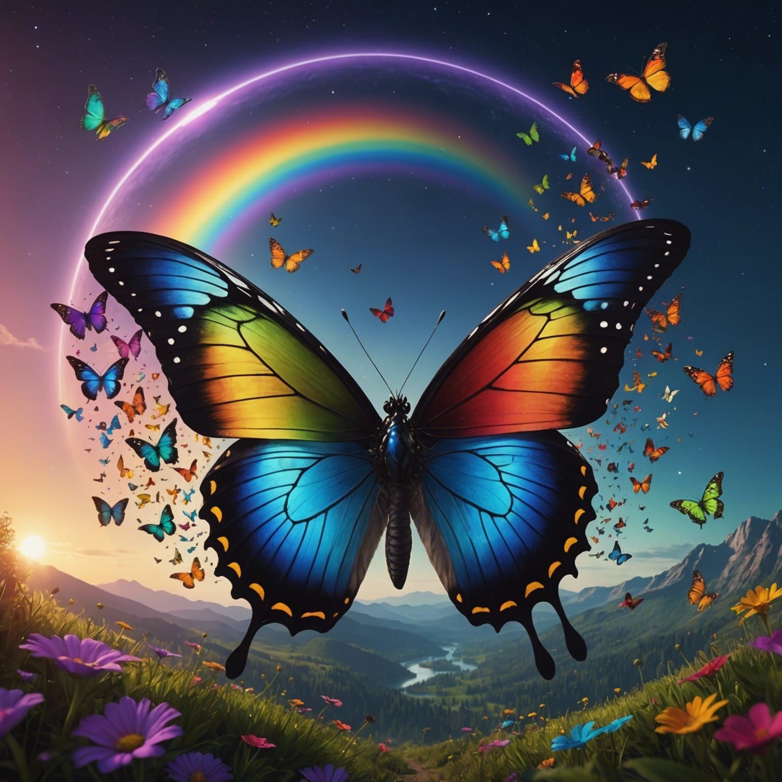 Rainbow Butterfly with Moon Eclipse, Digital Art