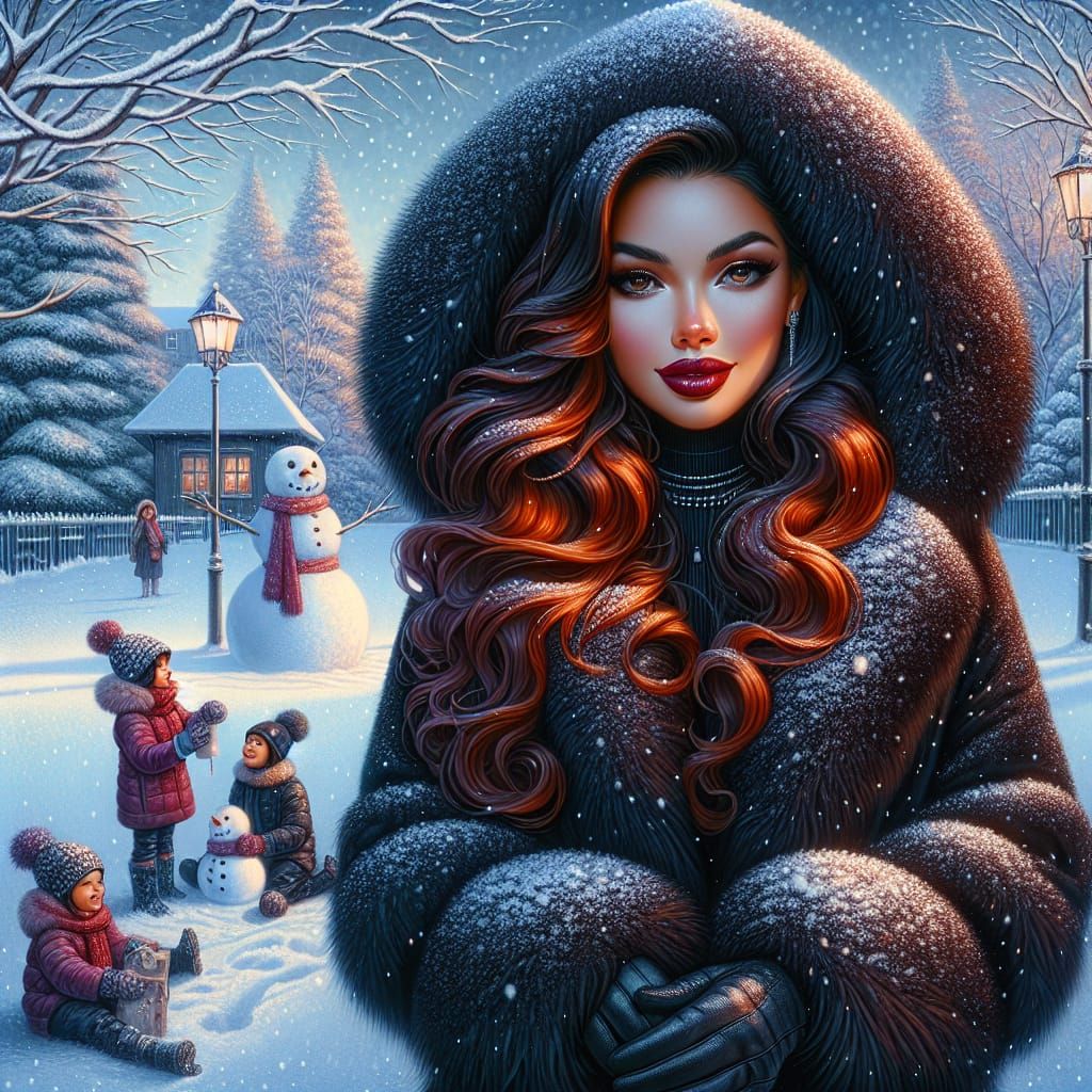 Hispanic Woman in Winter Wonderland Oil Painting