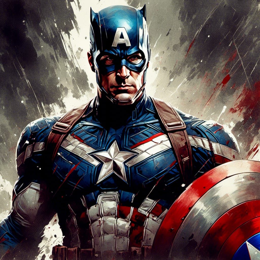 Captain America Portrait in Noir Ink Style