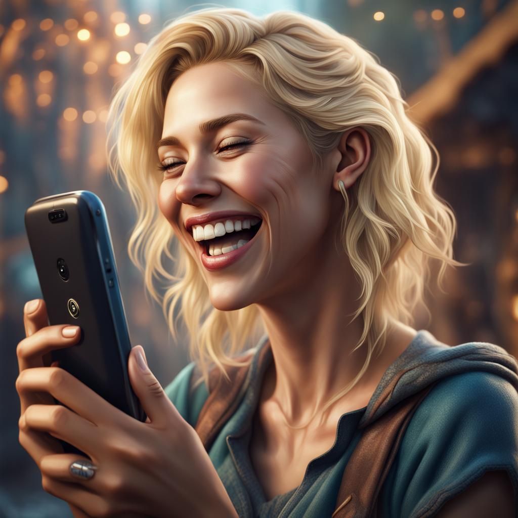 Laughing Blonde Woman with Smartphone in Detailed Digital Ar...