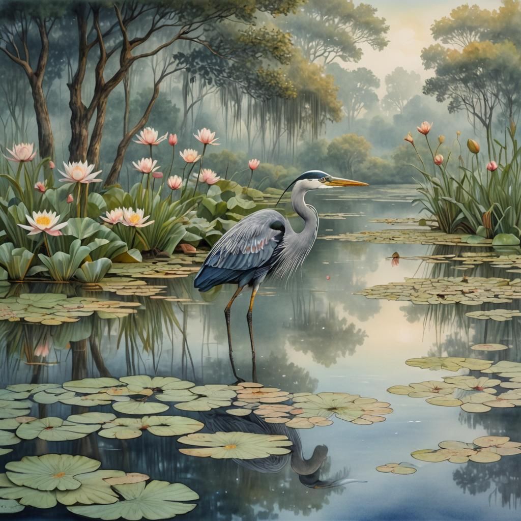 Heron in Pond: Zentangle Watercolor Pencil Sketch