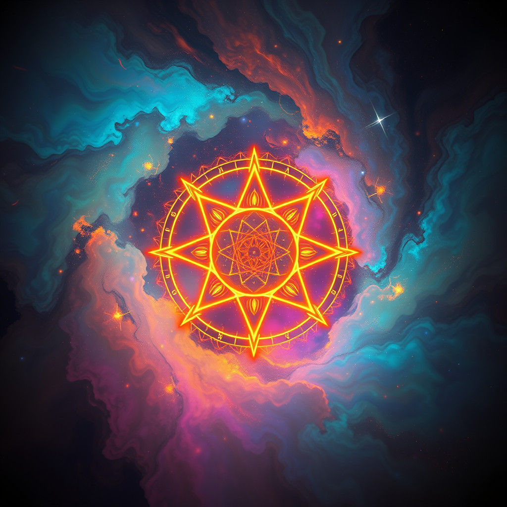 Glowing Symbol in Iridescent Vortex: Surreal Dreamscape