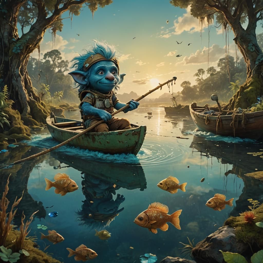 Astronaut Troll-Smurf Fishes: Cinematic Oil Painting