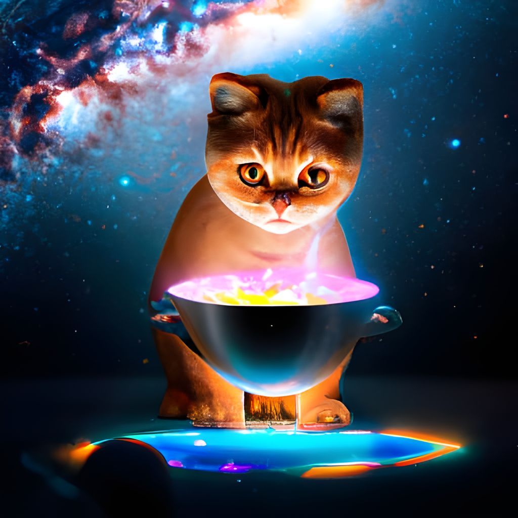 Cat Observes Galaxy in Food Bowl: Digital Art