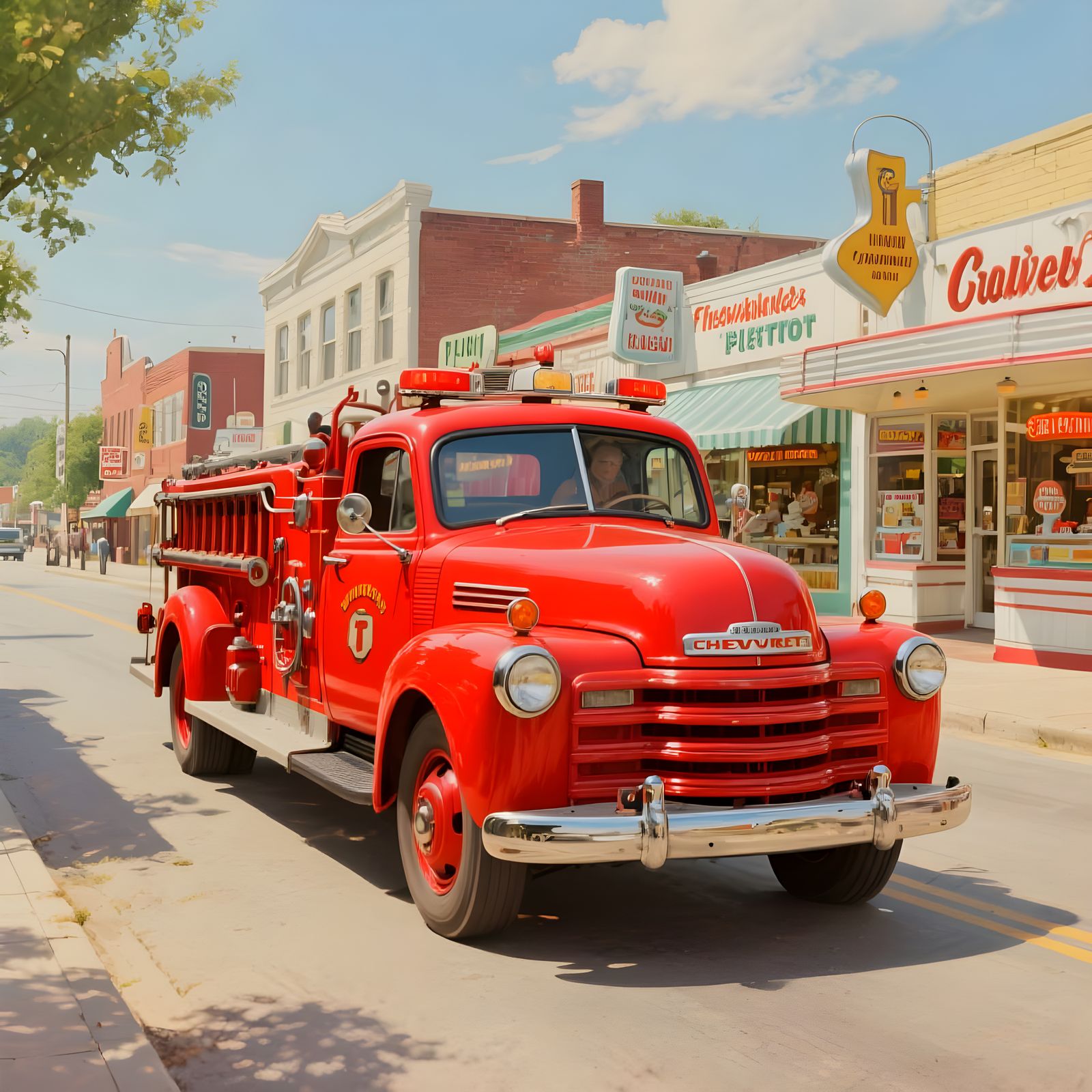1948 Chevrolet Fleetmaster Fire Engine in 1950s Town