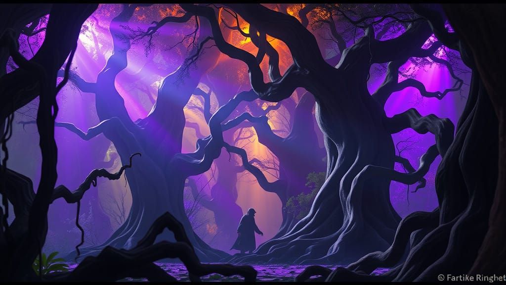 Mysterious Figure in Ancient, Mystical Forest