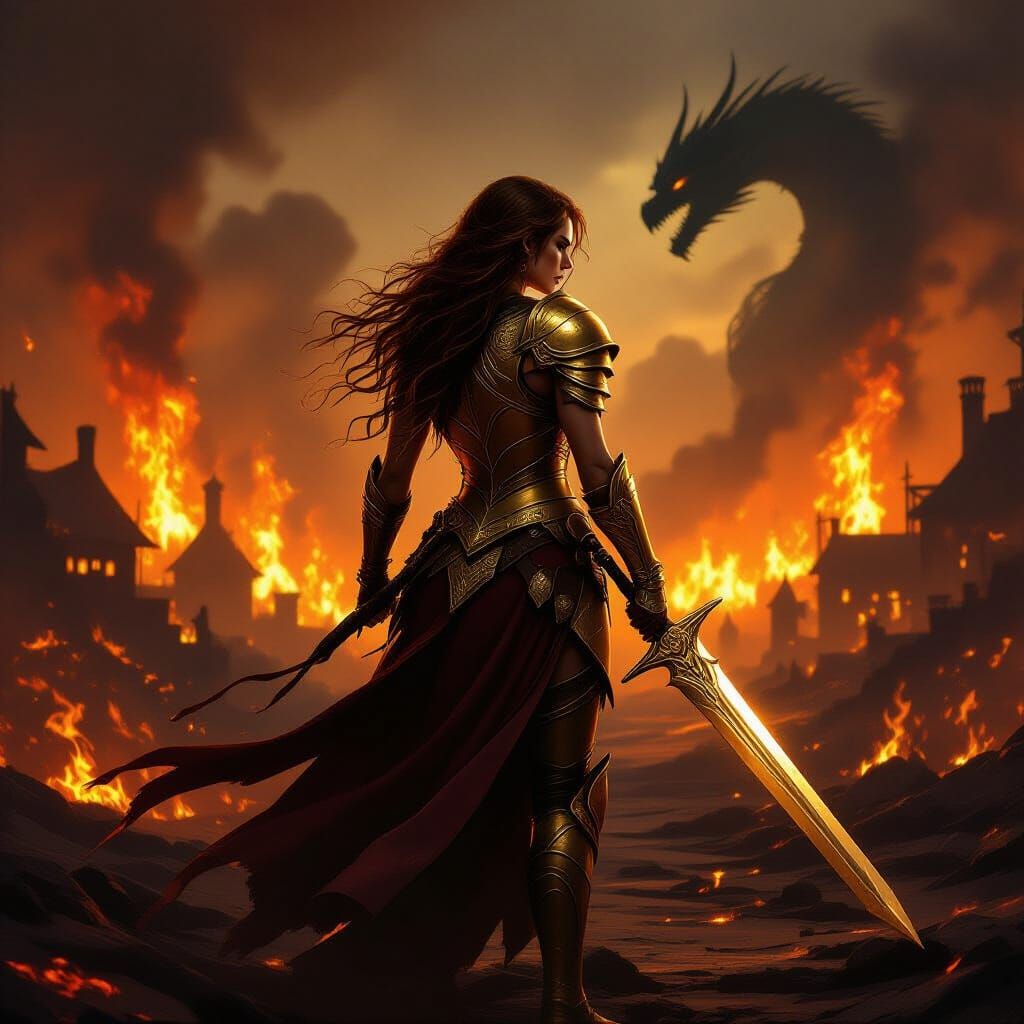 Female Warrior Confronts Dragon's Devastation in Fantasy Art