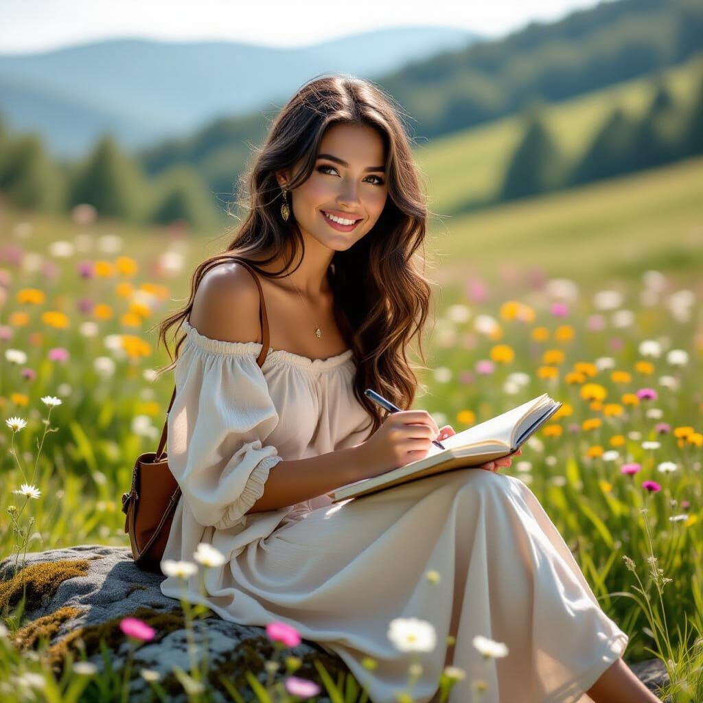 Woman Sketching in a Dreamlike Flower Meadow