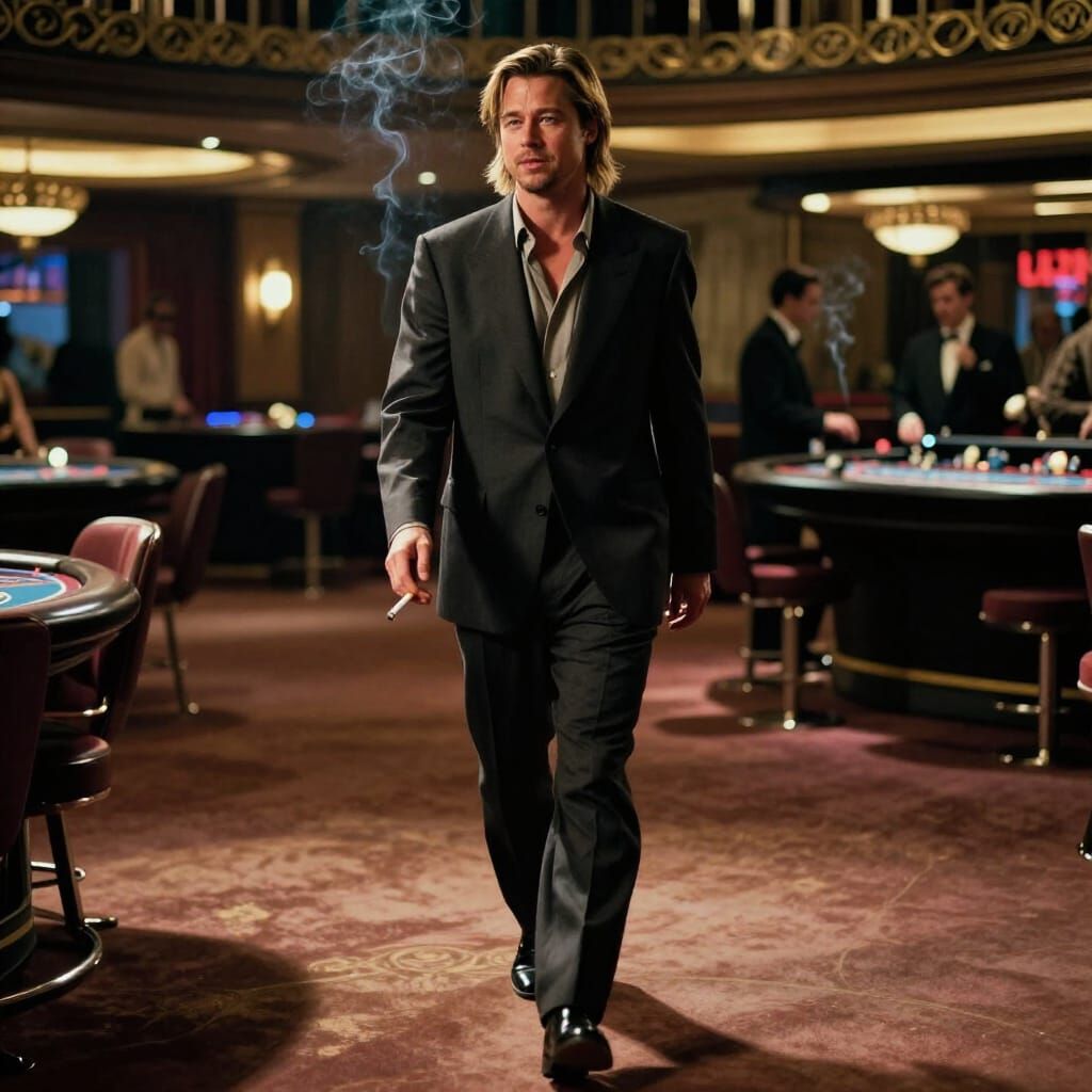 Man in Suit Smoking in Luxurious Casino
