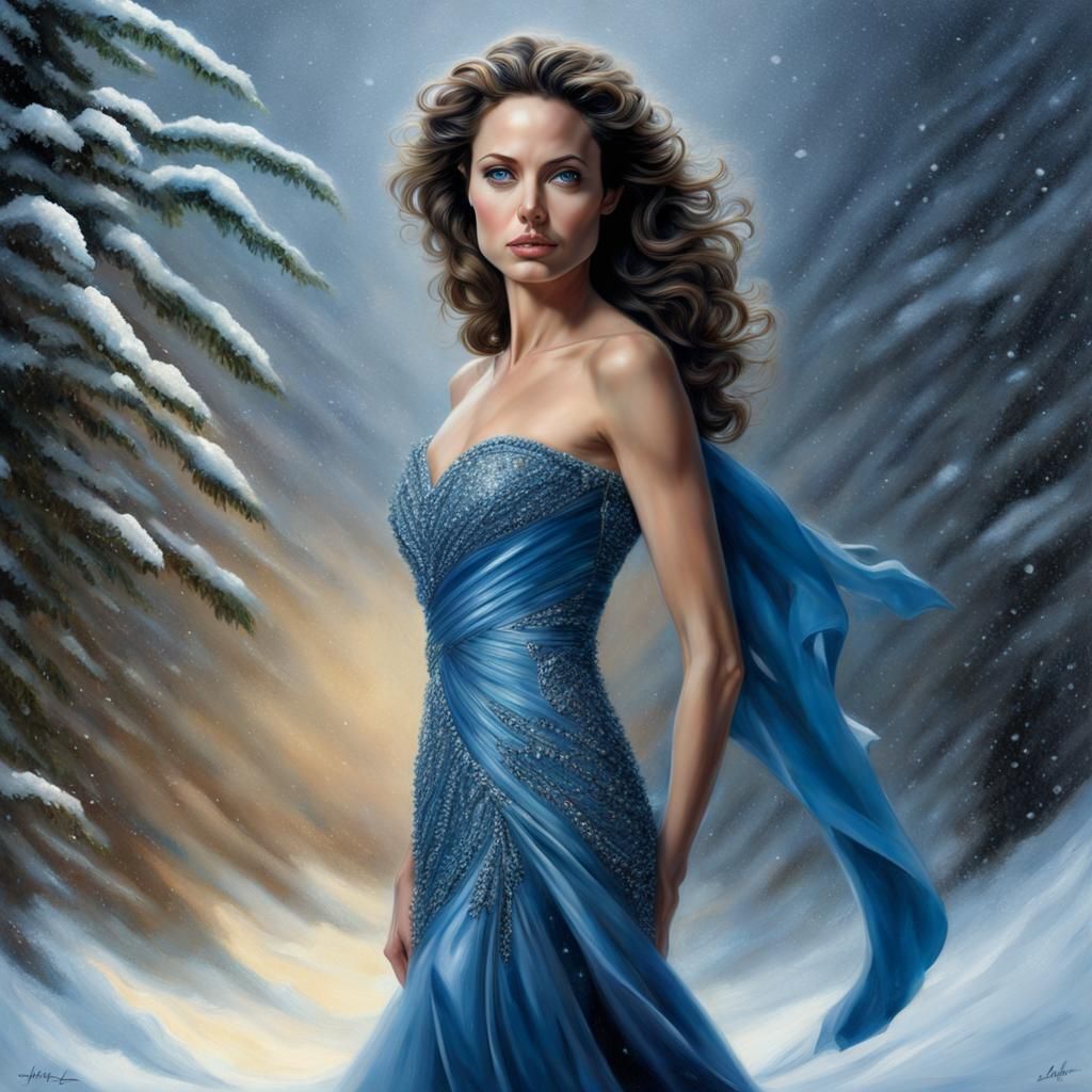 Hyperrealistic Unclad Angelina Jolie in Snow Fantasy