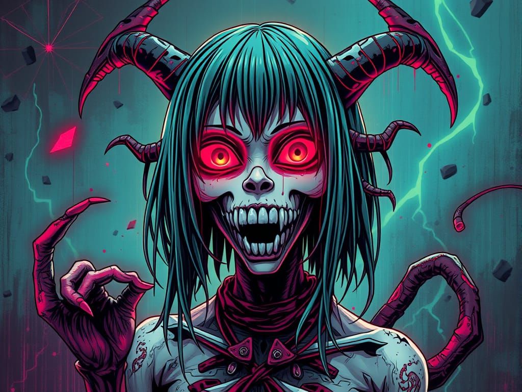 Junji Ito-Inspired Ghoul Girl in Glitch Art Style