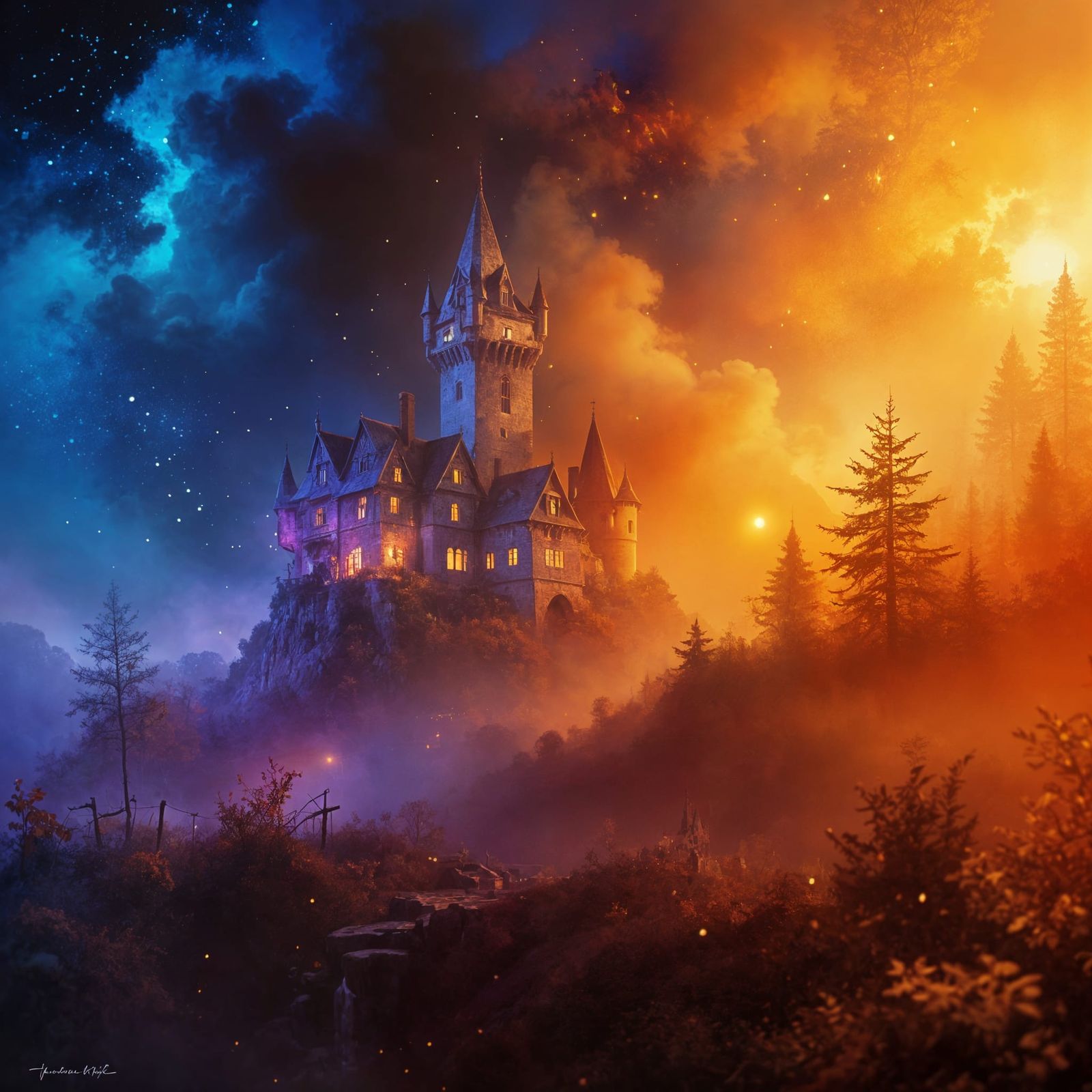 Medieval Fantasy Manor House with Tower Amidst Autumn Glory