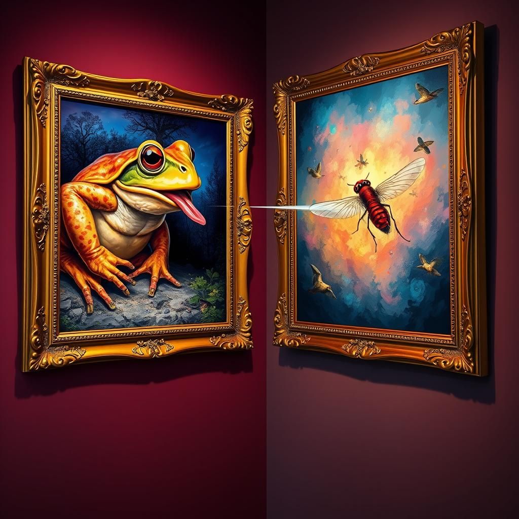 Toad Catching Fly Between Two Neon Paintings