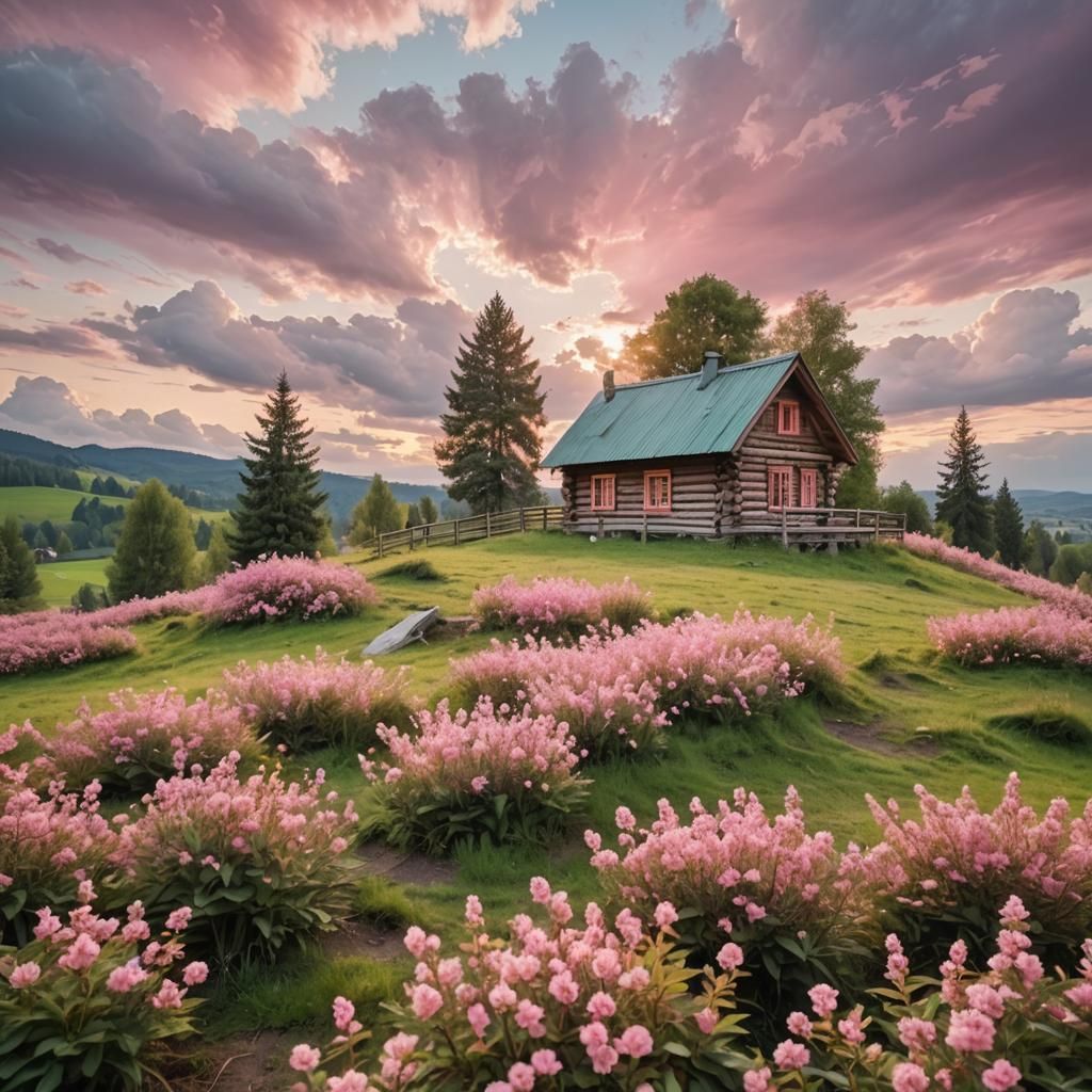 Idyllic Wooden House in Pink Sky Landscape