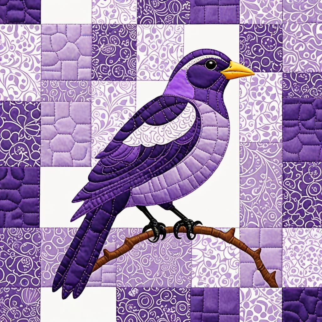 Vibrant Patchwork Bird in Majestic Purple Hues