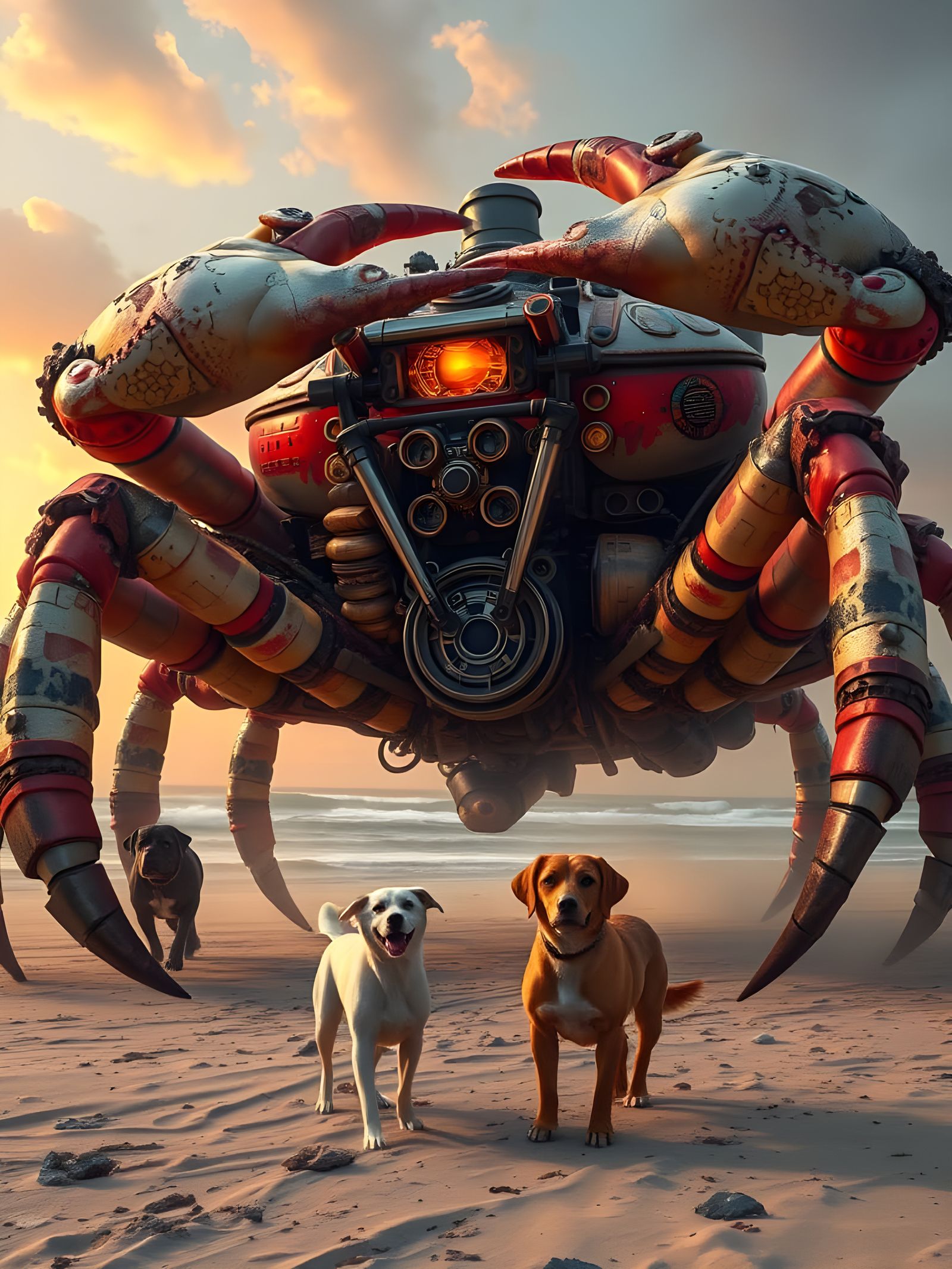 Mechanical Crab Rises from Steampunk Beach at Sunrise