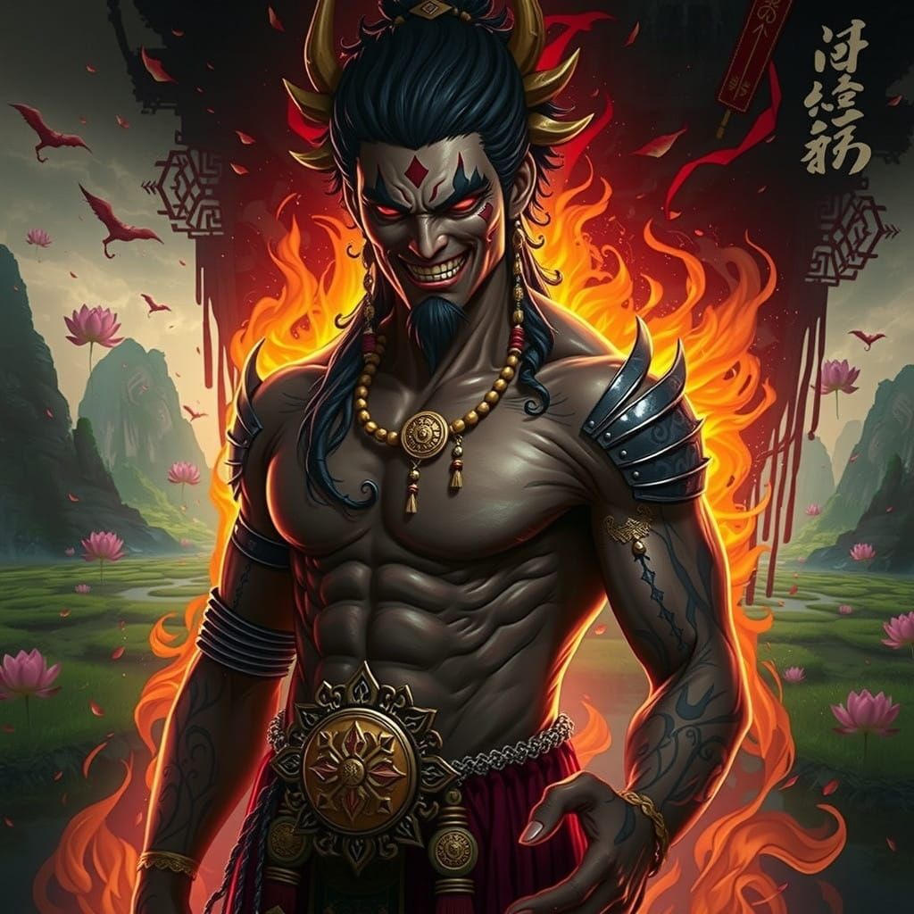 Yamantaka in a Vibrant Vietnamese Landscape, Blending Fantas...